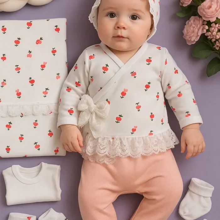 Çiçek Desenli Dantel İşlemeli %100 Pamuk Kız Bebek 8li Hastane Çıkışı