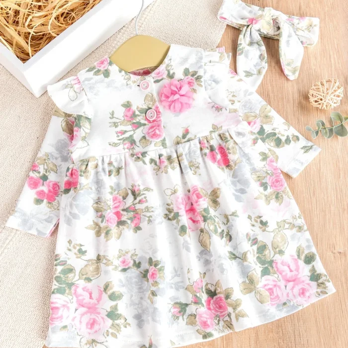 Çiçek Desenli Fiyonk Bandanalı Kız Elbisesi
