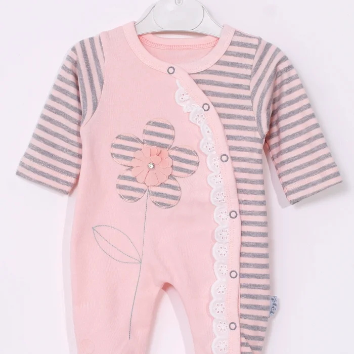 Çiçek Nakışlı % 100 Pamuk Ayaklı Kız Bebek Tulumu