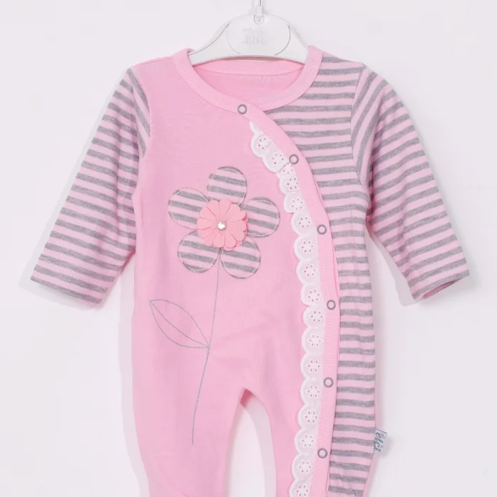 Çiçek Nakışlı % 100 Pamuk Ayaklı Kız Bebek Tulumu