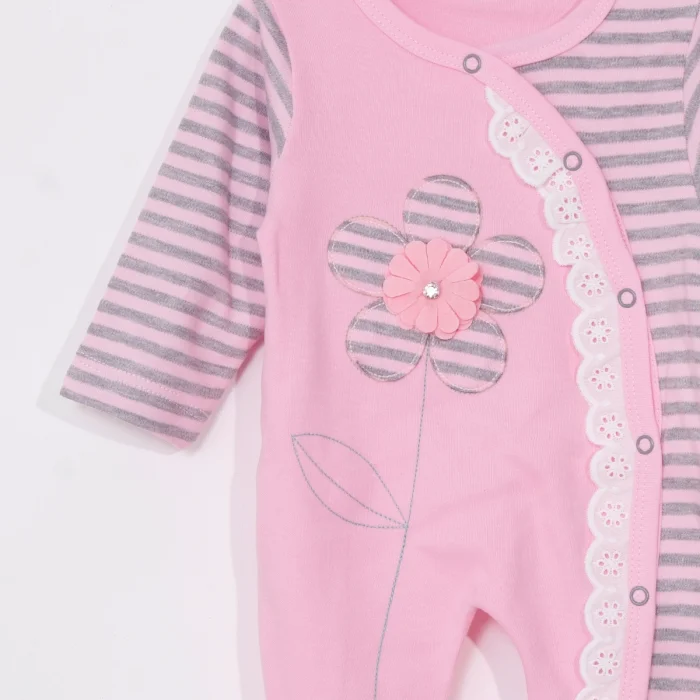 Çiçek Nakışlı % 100 Pamuk Ayaklı Kız Bebek Tulumu