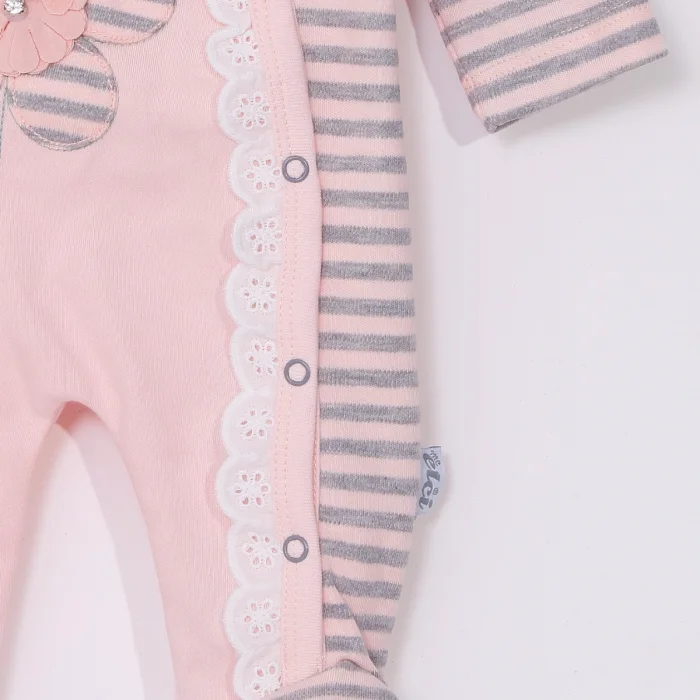 Çiçek Nakışlı % 100 Pamuk Ayaklı Kız Bebek Tulumu