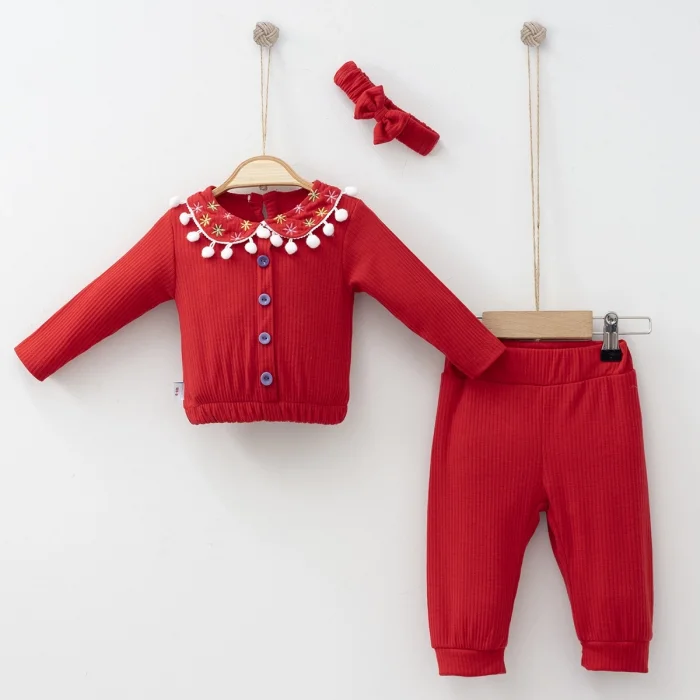 Çiçek Nakışlı Düşmeli Bandanalı Kız Bebek Takımı