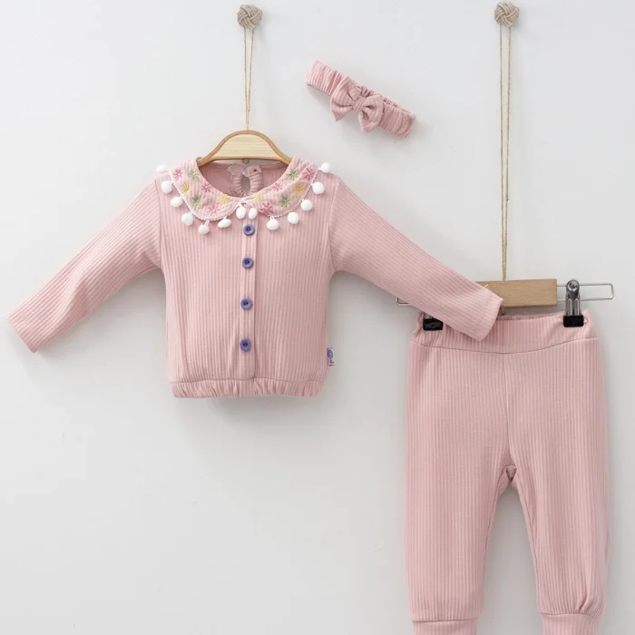 Çiçek Nakışlı Düşmeli Bandanalı Kız Bebek Takımı