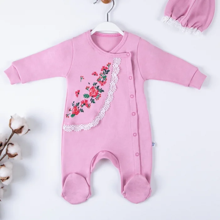 Çiçek Nakışlı Şapkalı % 100 Pamuk Kız Bebek Tulumu