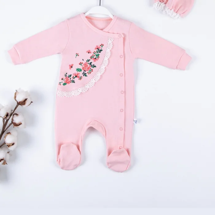 Çiçek Nakışlı Şapkalı % 100 Pamuk Kız Bebek Tulumu