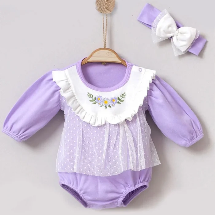 Çiçek Nakışlı Tüllü Bandanalı Kız Bebek Romper