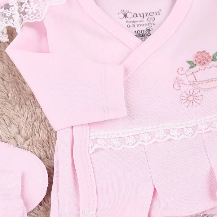 Çiçekli Araba Nakışlı Dantelli 5li Kız Bebek Hastane Çıkışı 0-3 Ay