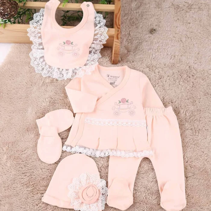 Çiçekli Araba Nakışlı Dantelli 5li Kız Bebek Hastane Çıkışı 0-3 Ay