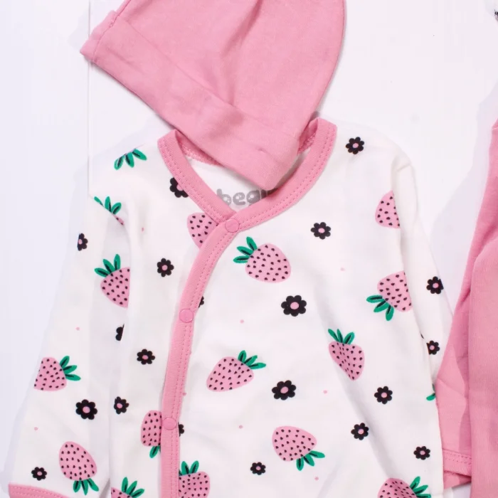 Çilek Desenli Kız Bebek 4lü Tulum Seti