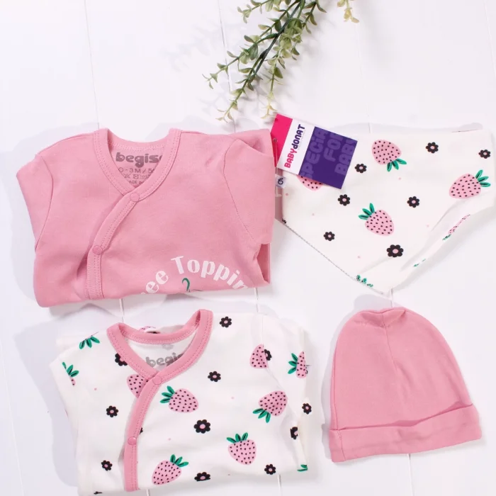 Çilek Desenli Kız Bebek 4lü Tulum Seti