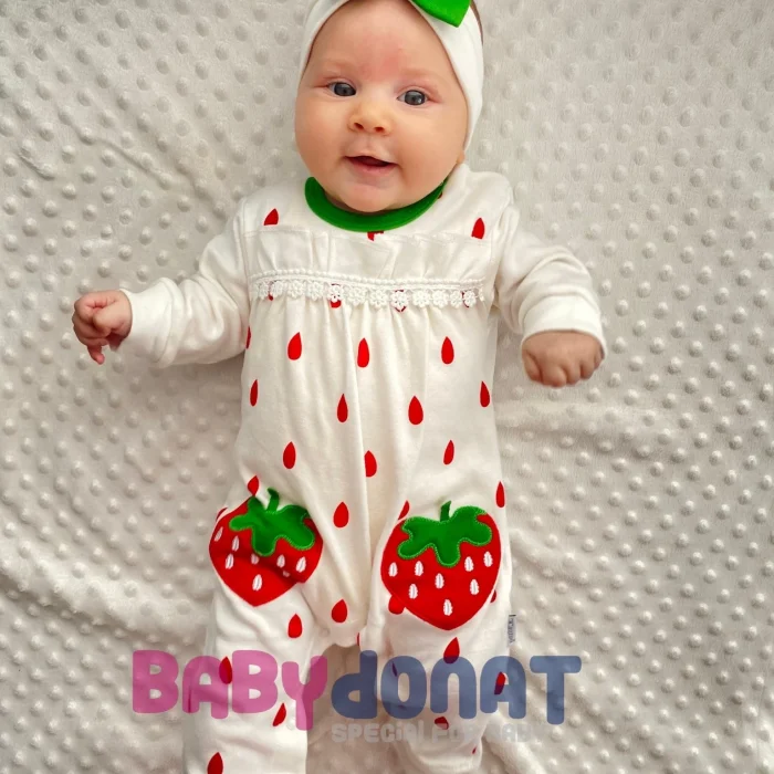 Çilek Nakışlı % 100 Pamuk Kız Bebek Tulumu
