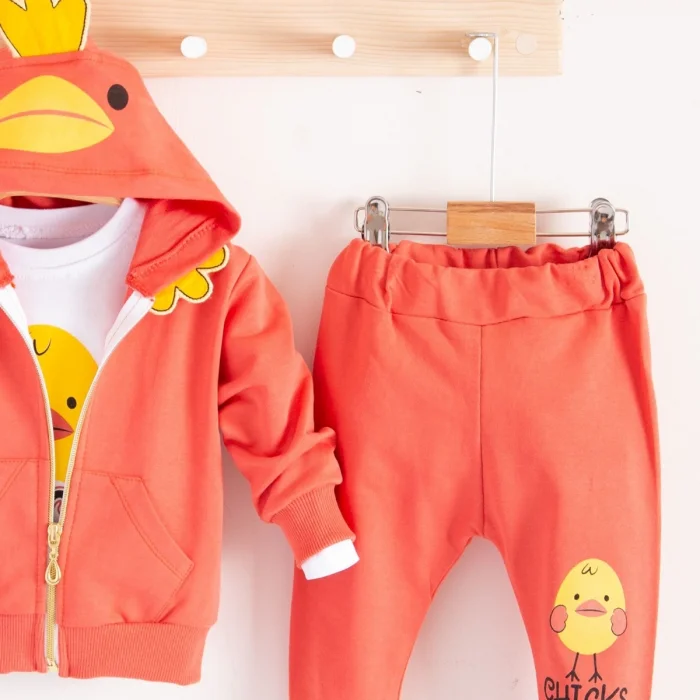 Civciv Desenli Kapişonlu 3lü Erkek Bebek Takımı