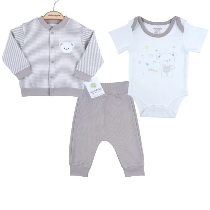 Çizgili Bear Hırkalı % 100 Pamuk Erkek Bebek Takım