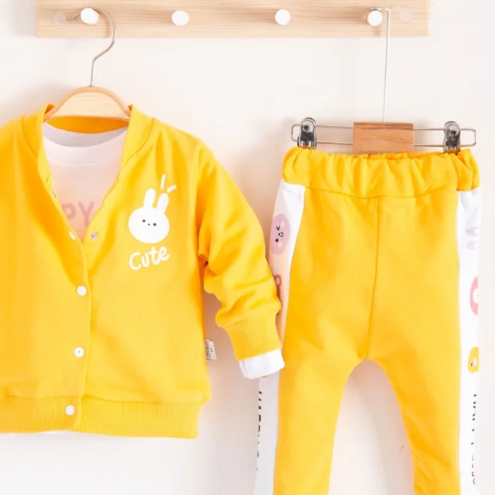 Cute Funny Desenli Kapişonlu Pamuklu 3lü Kız Bebek Takımı