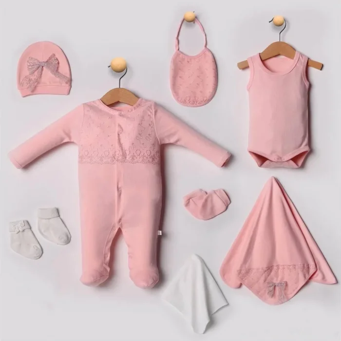 Dantel İşlemeli 10 Parça Yeni Doğan Hastane Seti %100 Pamuk