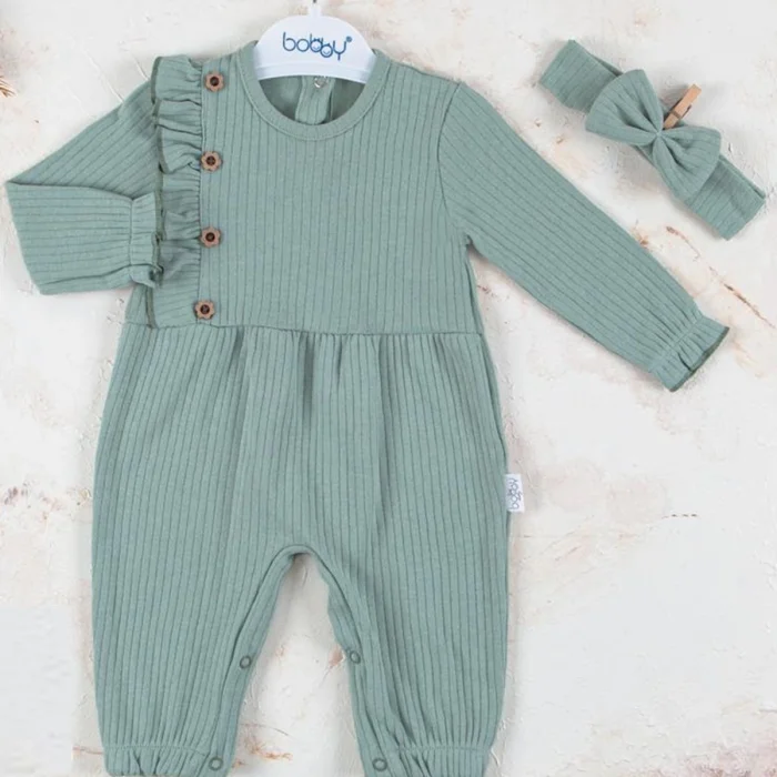 Düğme Detaylı Bandanalı % 100 Pamuk Kız Bebek Tulumu