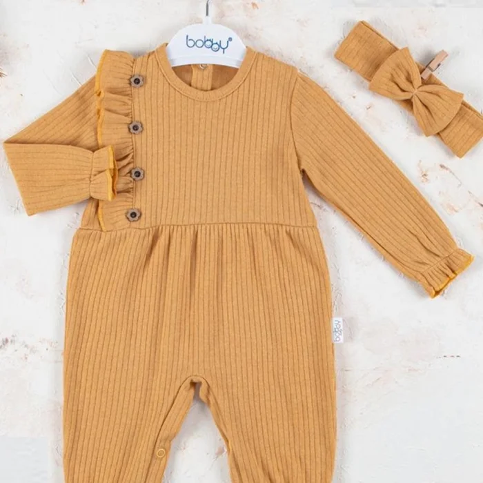 Düğme Detaylı Bandanalı % 100 Pamuk Kız Bebek Tulumu
