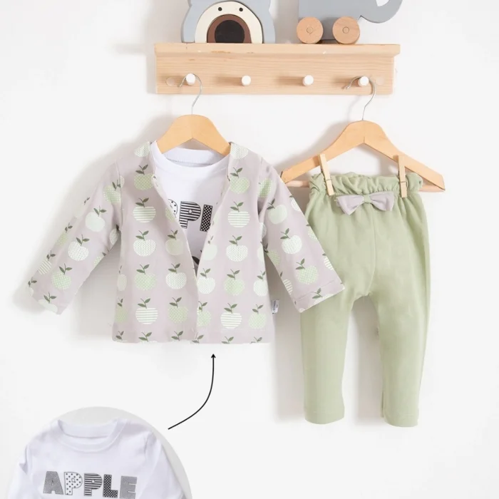 Elma Desenli Ceketli 3lü Kız Bebek Takımı