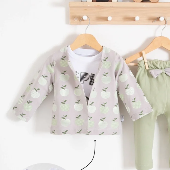 Elma Desenli Ceketli 3lü Kız Bebek Takımı