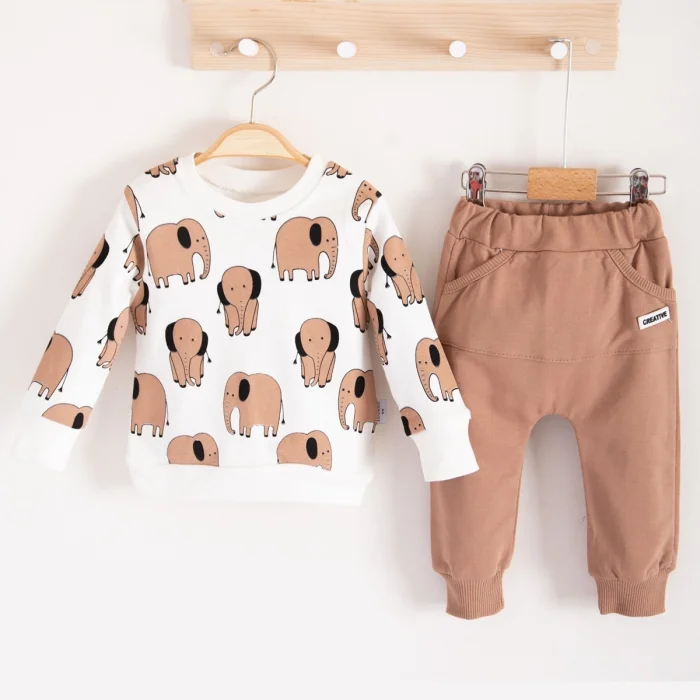 Fil Desenli 2li % 100 Pamuk Erkek Bebek Takımı