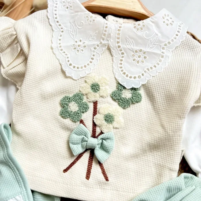 Fiyonk ve Çiçek Detaylı %100 Pamuk 10 Parça Bebek Hastane Çıkış