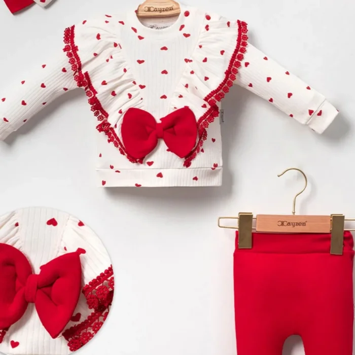 Fiyonklu Kalp Desenli % 100 Pamuk 3lü Kız Takım