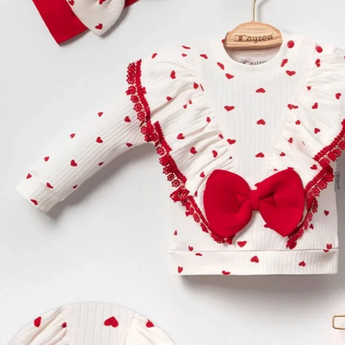 Fiyonklu Kalp Desenli % 100 Pamuk 3lü Kız Takım