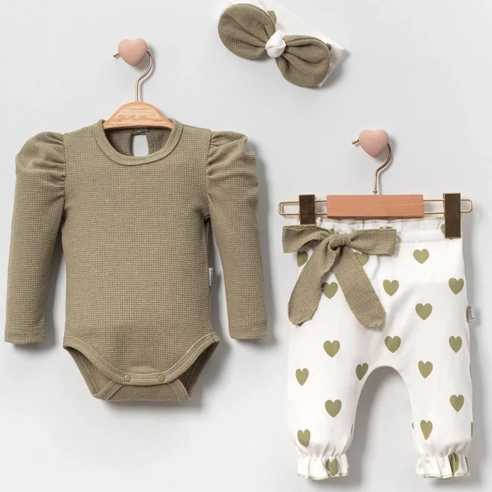 Kalp Baskılı Bandanalı 3Lü Lüx Waffle Kız Bebek Takım