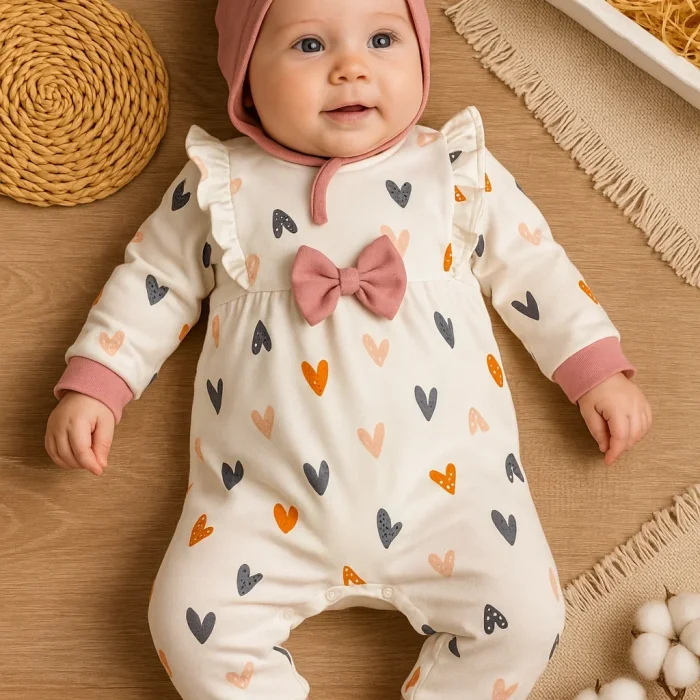 Kalp Desenli % 100 Pamuk Kız Bebek Tulumu