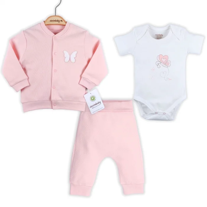 Kalp Desenli Hırkalı % 100 Pamuk 3lü Kız Takım