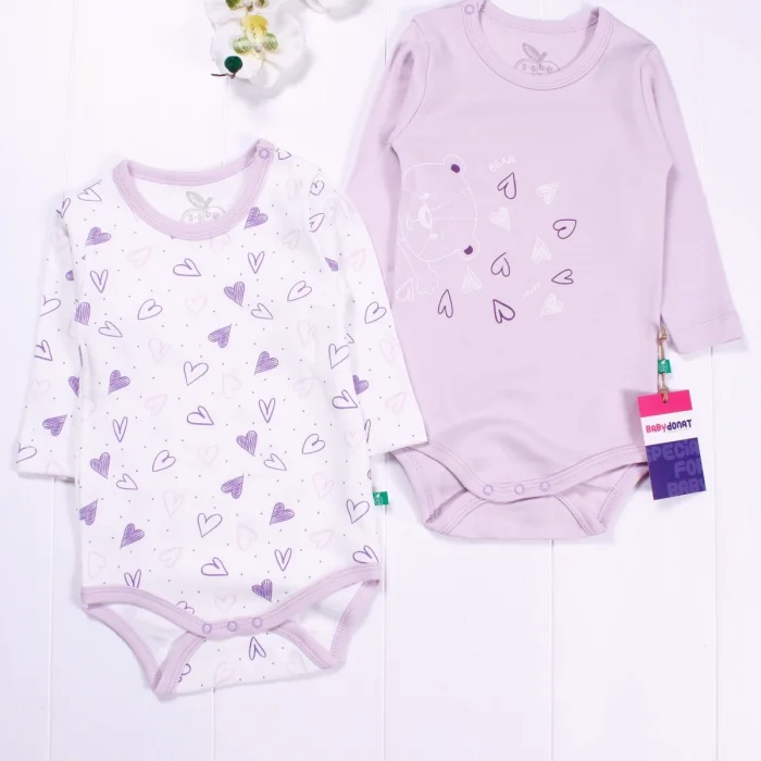 Kalp Desenli Uzun Kol 2li Kız Bebek Body Seti