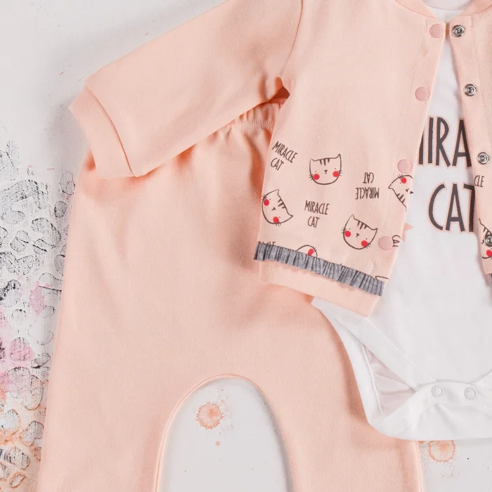 Kedi Desenli 3lü Hırkalı Kız Bebek Takım