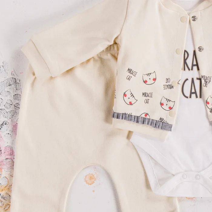 Kedi Desenli 3lü Hırkalı Kız Bebek Takım