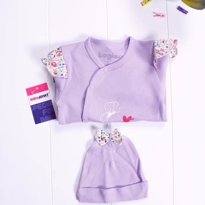 Kelebek Desenli Omuz Detaylı Şapkalı Kız Bebek Tulumu