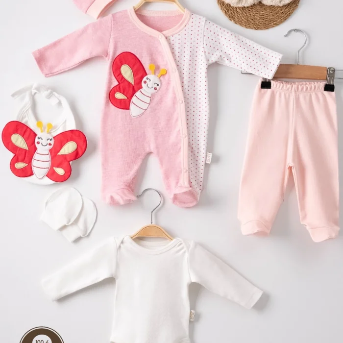Kelebek Nakışlı Puanlı Tulumlu % 100 Pamuk Kız Bebek 5li Set