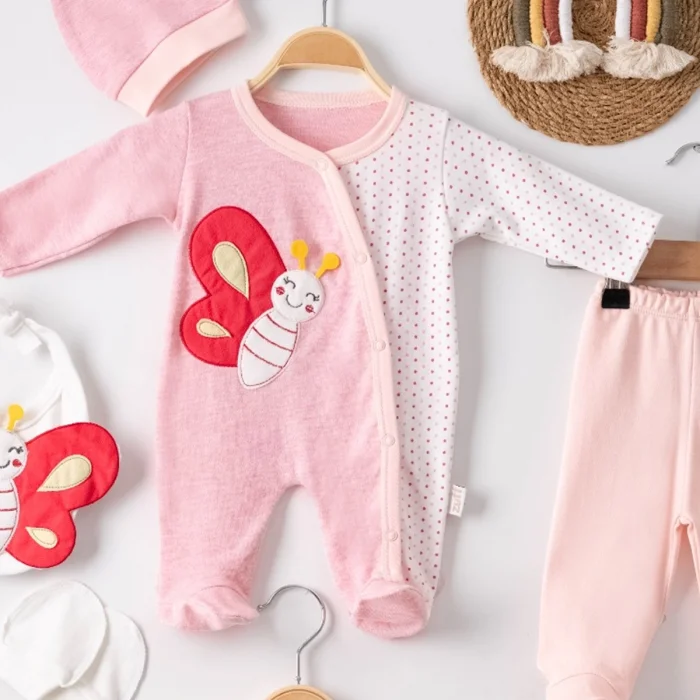 Kelebek Nakışlı Puanlı Tulumlu % 100 Pamuk Kız Bebek 5li Set