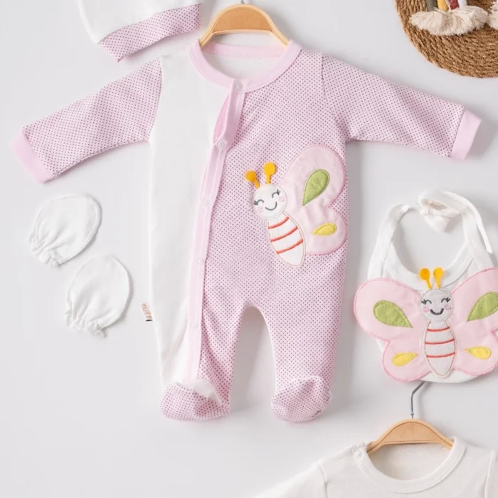 Kelebek Nakışlı Puanlı Tulumlu % 100 Pamuk Kız Bebek 5li Set