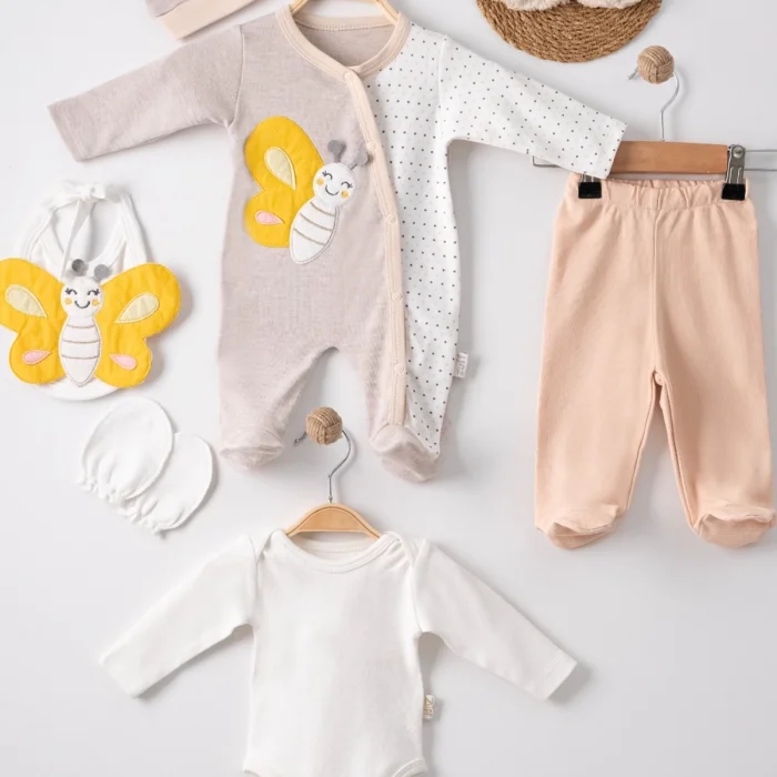Kelebek Nakışlı Tulumlu % 100 Pamuk Erkek Bebek 5li Set