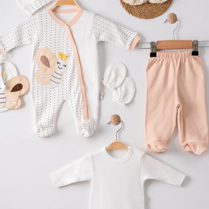 Kelebek Nakışlı Tulumlu % 100 Pamuk Erkek Bebek 5li Set