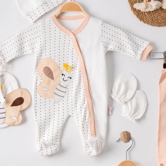 Kelebek Nakışlı Tulumlu % 100 Pamuk Erkek Bebek 5li Set