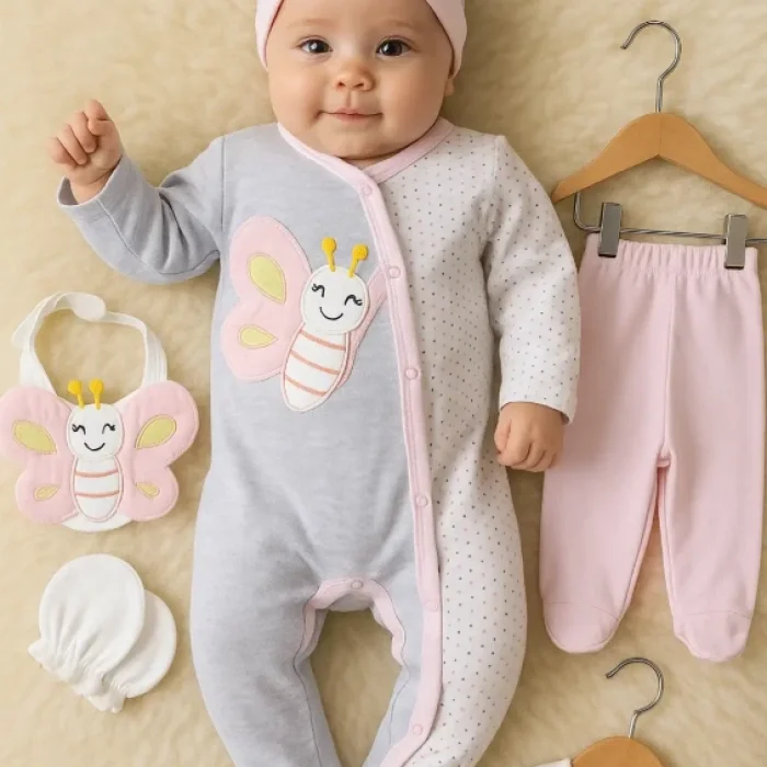 Kelebek Nakışlı Tulumlu % 100 Pamuk Kız Bebek 5li Set