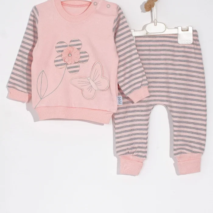 Kelebekli Çiçek Nakışlı Pamuklu 2li Kız Bebek Takımı