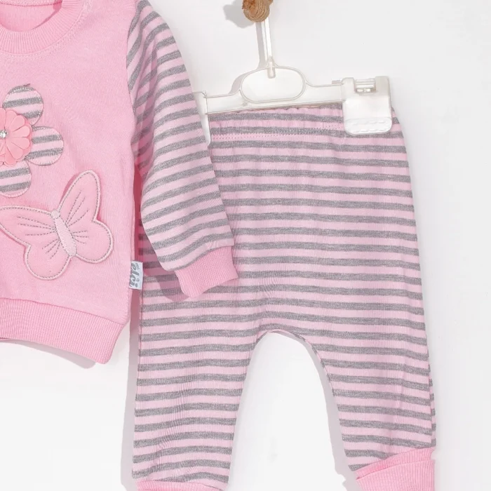 Kelebekli Çiçek Nakışlı Pamuklu 2li Kız Bebek Takımı