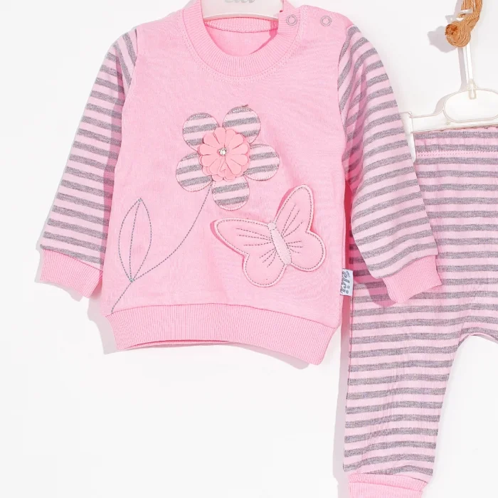 Kelebekli Çiçek Nakışlı Pamuklu 2li Kız Bebek Takımı