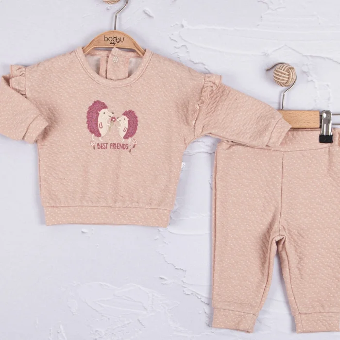Kirpi Nakışlı % 100 Pamuk 2li Kız Bebek Takım