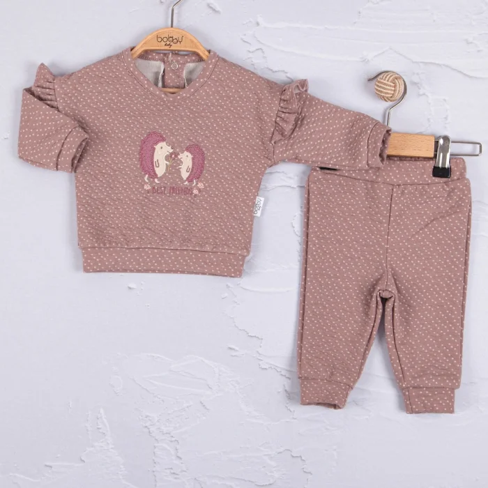 Kirpi Nakışlı % 100 Pamuk 2li Kız Bebek Takım