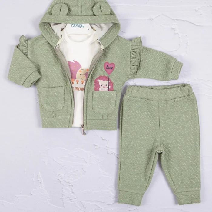 Kirpi Nakışlı % 100 Pamuk 3lü Kız Bebek Takım