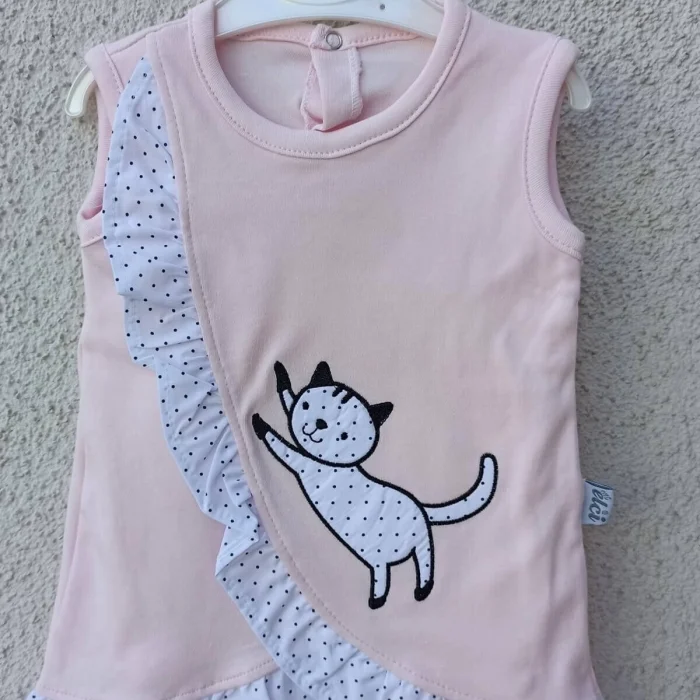 Kız Bebek Pembe Kedili Fırfırlı Bandanalı Badi