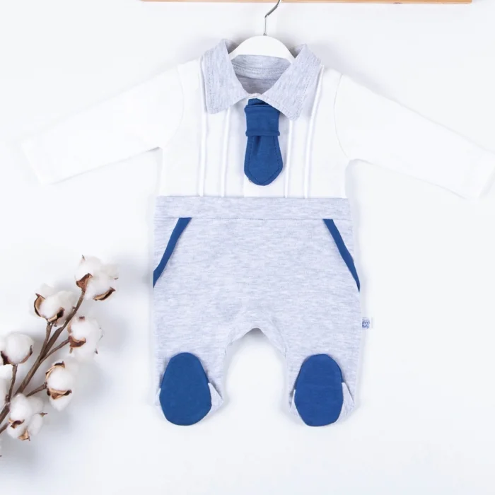 Kravat Aksesuarlı Ayaklı % 100 Pamuklu Erkek Bebek Tulumu